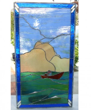 stained glass window of small boat scenery