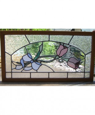 stained glass window with clear ripple border and pink tulips
